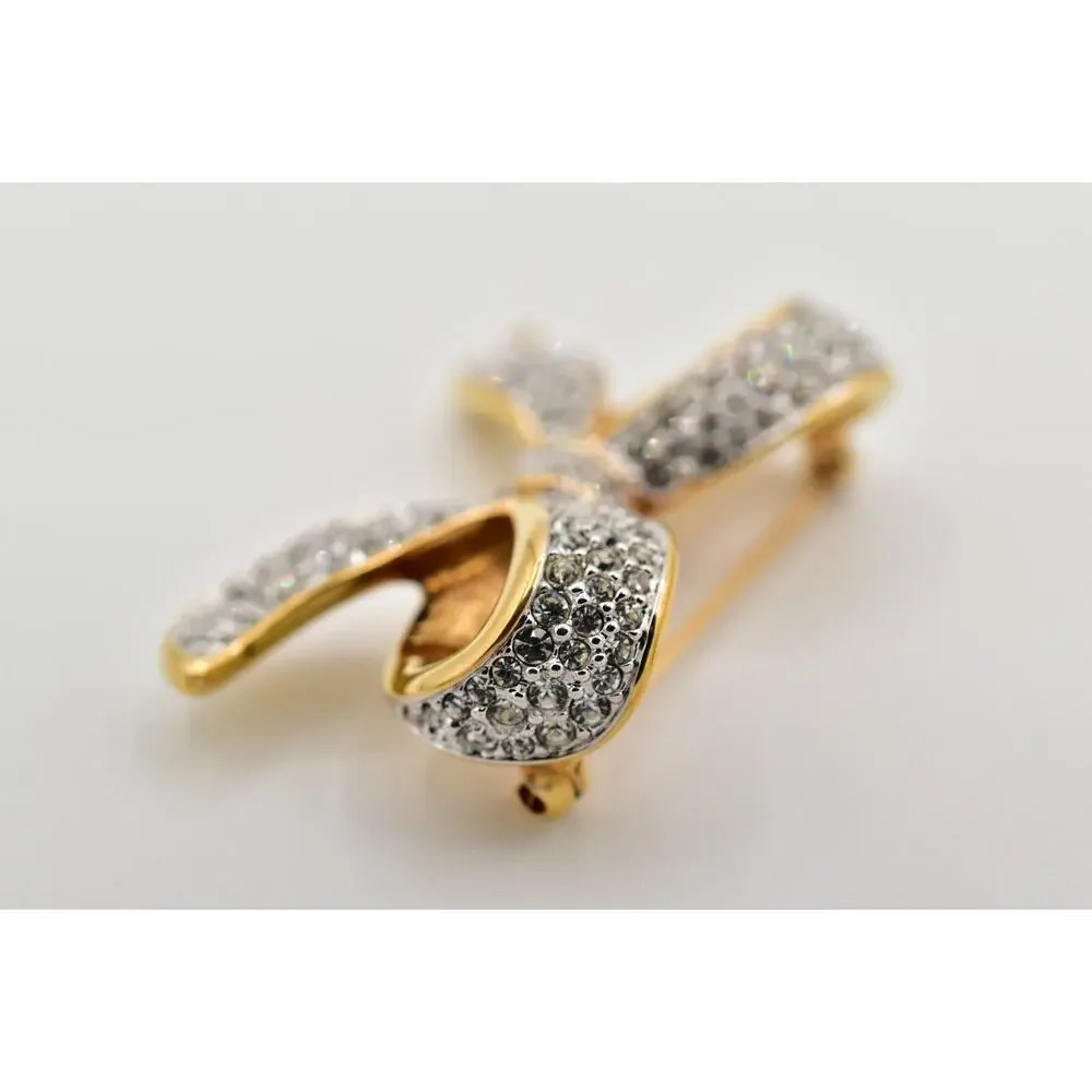 Swarovski Vintage Crystal Bow Pin Brooch Gold Pave Rhinestone Swan Signed BinBG